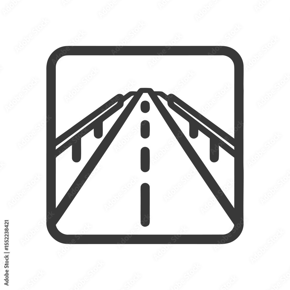 Poster minimalist road icon: perspective view with guardrails and dashed center line
