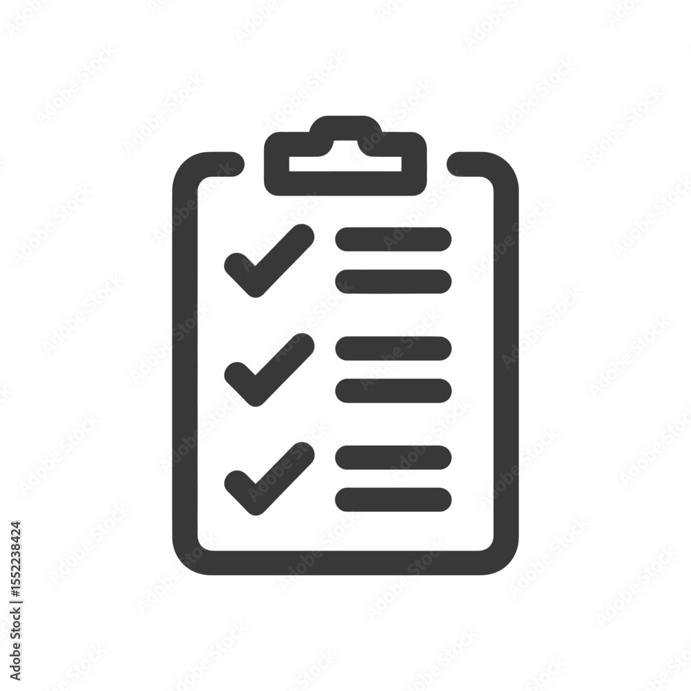Poster completed checklist icon: dark gray clipboard with three checkmarks and lines