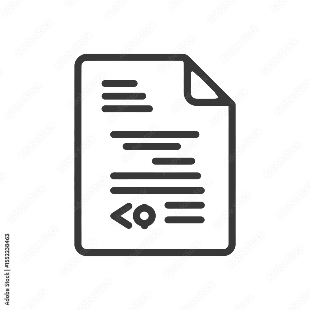 Poster minimalist document icon with code snippet, dark gray on white background