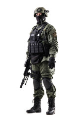 Full body portrait of a fully equipped tactical officer in modern combat gear, isolated on a white background