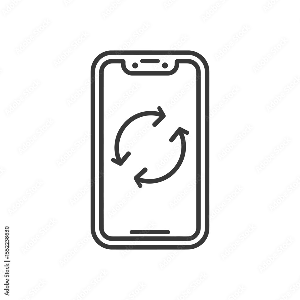 Poster smartphone with circular arrows icon, data synchronization, minimalist design