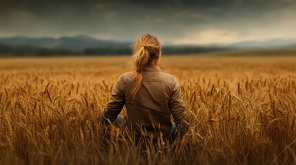 A serene view of a woman sitting in a golden wheat field meditating, immersing herself in nature's tranquility while reflecting on personal peace and connection.