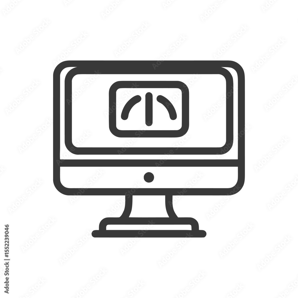 Poster minimalist computer icon with abstract symbol on screen, dark gray outline