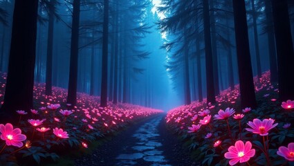 Obraz premium Glowing Pink Flowers Forest Path Mystical Blue Night