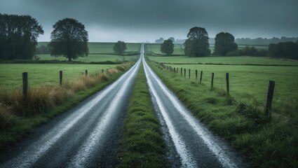 Country Road and Green Grass in Natural Setting with Empty Space for Text