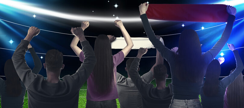 Fans standing in spectator area at stadium, back view