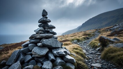 A stack of stones called a cairn marks a trail.