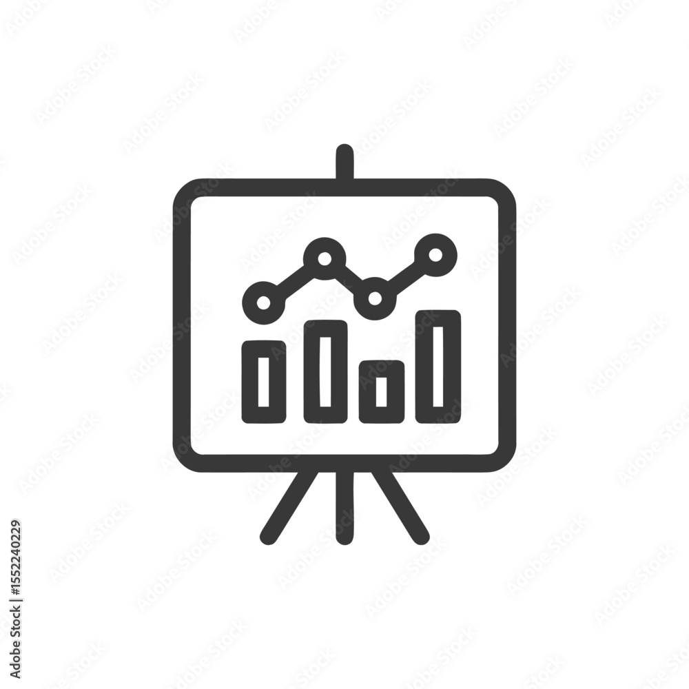Poster presentation board icon: bar and line graph on stand, outline style