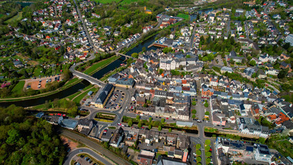 A panoramic aerial view around the old town in the city Diez, Germany on a sunny spring day