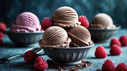 Delicious and creamy chocolate ice cream with fruit raspberries in bowls.