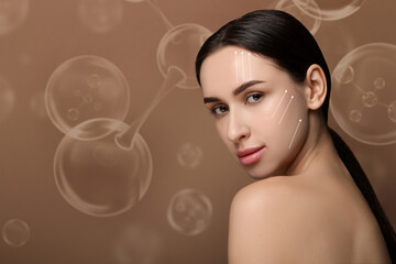Beautiful woman and collagen molecules on brown background. Arrows on her face showing lifting...