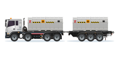 Heavy Truck with double containers filled with toxic waste, radioactive biological hazard vector illustration