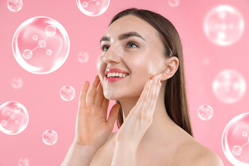 Beautiful woman and collagen molecules on pink background
