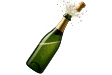Popping champagne bottle isolated on transparent background, celebration moment