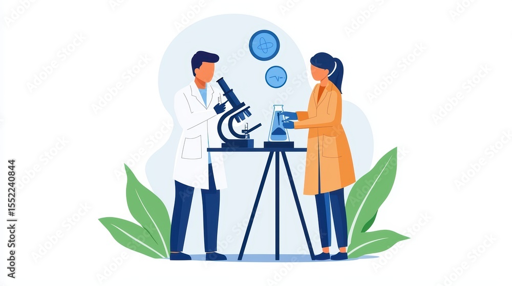 Poster laboratory research with scientists using microscope and beaker in modern workspace for science and 