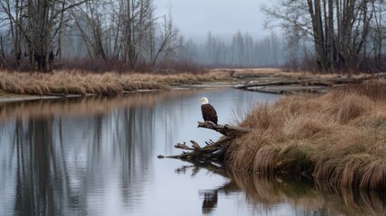 Bald Eagle Perched On Log In Misty Wetlands