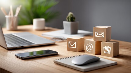 Modern Office Desk with Digital Communication Icons