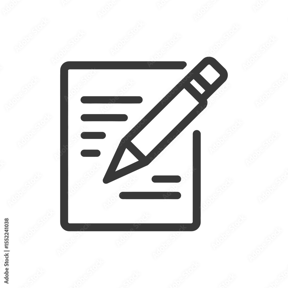 Poster writing icon: pencil on paper document with text lines, outline style