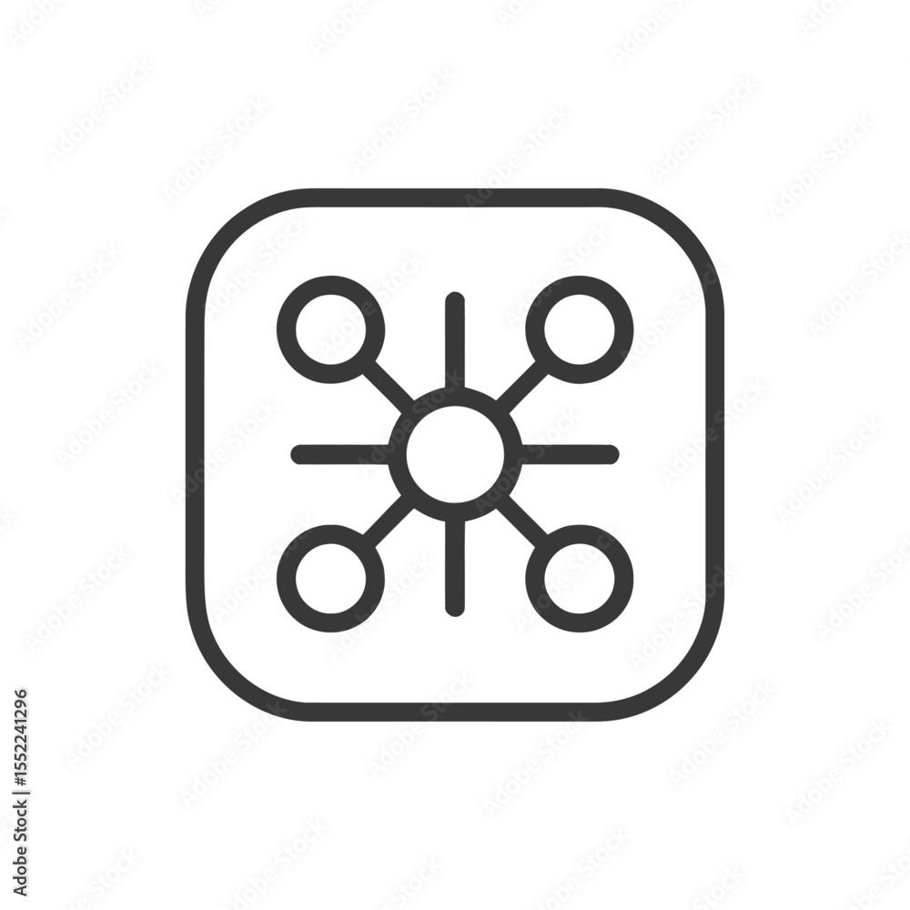 Poster minimalist network icon: central node with connected circular elements in rounded square frame