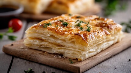 A scrumptious view of flaky golden pastry layers, showcasing the enticing texture and tempting appearance of freshly baked goods that promise deliciousness and satisfaction.