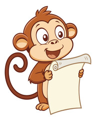 Cute Cartoon Monkey Holding a Blank Scroll with a Happy Expression