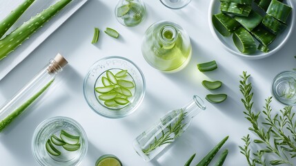 Aloe vera botanical skincare product research in laboratory setting. AI generated.