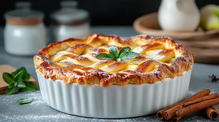 A beautifully baked apple pie sits enticingly on a table, garnished with mint leaves, evoking feelings of comfort and home, inviting everyone to share in its delicious goodness.