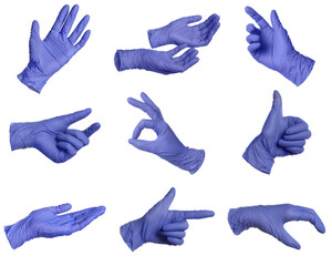 Blue nitrile medical gloves isolated on white, collage of gestures