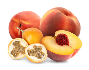 Tasty ripe passion and peach fruits on white background
