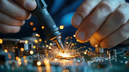 A close-up shot of hands welding on a circuit board, showcasing a beautiful display of sparks and the intricate details involved in modern technological craftsmanship.
