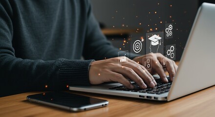 Man engages in online learning with laptop, exploring new skills and educational opportunities from a home office setup.