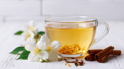 Glass cup of jasmine tea with flower and dried leaves on a white table, close-up with space for text