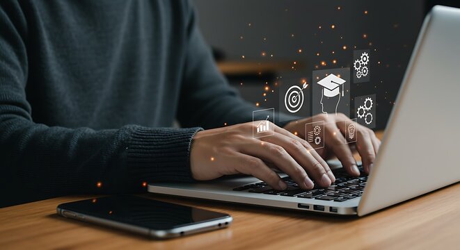 Man engages in online learning with laptop, exploring new skills and educational opportunities from a home office setup.