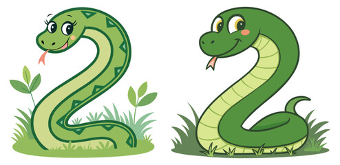 Cartoon Snakes with Green Scales and Playful Expressions