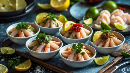 Ceviches Fresh Raw Seafood Marinated In Citrus Lemon And Lime with Spices And Chili, Served in Small White Bowls with Empty Space for Text.