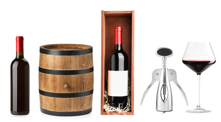 Set with wine bottles, glasses and barrel isolated on white