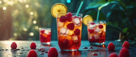 Summer Cold Drink. Iced Tea With Raspberries.. Featuring Empty Copy Space For Text