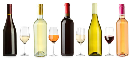 Different types of wine, set. Bottles and glasses isolated on white