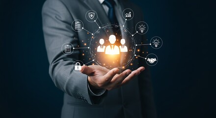 Businessman presents digital global network connecting people, providing security and innovation, fostering collaboration and ideas.