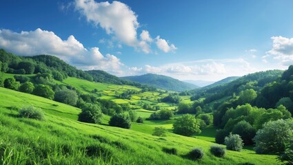 Beautiful green landscape and blue sky with blank space for text.