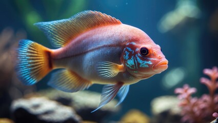 A beautiful cichlid fish in an aquarium setting.