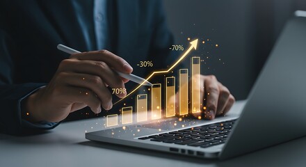 Businessman analyzes growth charts and financial data on a laptop screen, illustrating business analytics and investment planning success.
