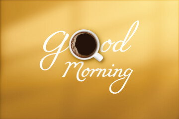Morning good only with coffee. Inscription with cup of hot drink instead of letter O on dark beige...
