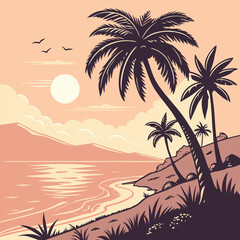 Digital art of a serene tropical escape, with a large, low-hanging sun and palm tree.