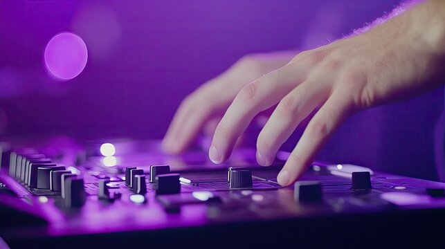 Close-up of hands operating a dj mixer.