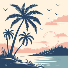 Silhouette of islands with palm trees at sunrise.