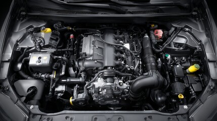 Fototapeta premium Modern carâ€™s engine bay seen from above
