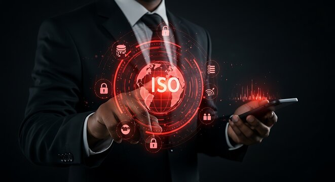 Businessman activates ISO certification through innovative interface on a digital phone with global technology