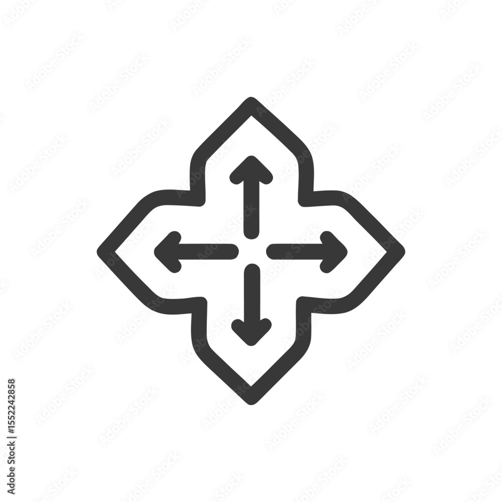 Poster four-way arrow icon: directional navigation symbol in bold outline style