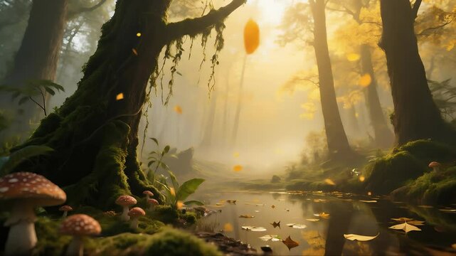 A misty enchanted forest with golden morning light filtering through ancient trees.